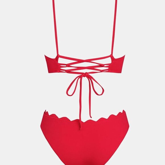 NWT Size Large CUPSHE Women's Bikini Swimsuit Scalloped V Neck Lace Up Low Waist - Picture 2 of 4